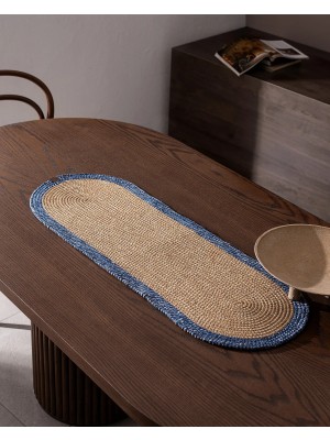 Halımax Alice Jüt Hasır Dokulu Oval Runner Çift Taraflı Yıkanabilir Amerikan Servis Mavi 35X100CM