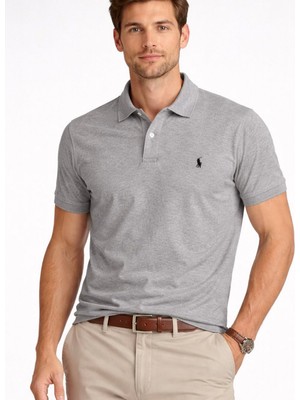 Aura Boutique Moda Erkek Gri Kısa Kollu Polo Yaka Basic Tişört – Nakış Logo Detaylı Pamuklu Slim Fit