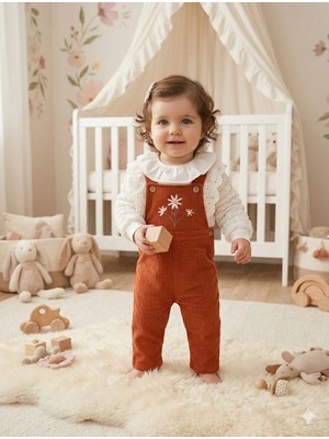 Vavbaby Çiçek Nakışlı Fitilli Kadife Bebek Salopet ve Fırfırlı Bluz Takımı