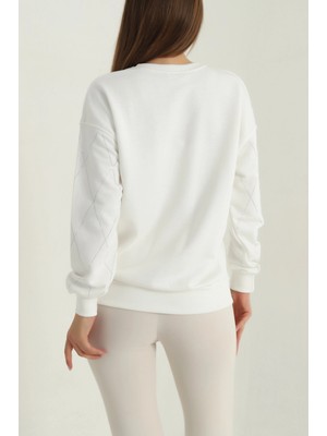 Taşlı Sweat Ekru Şardonsuz Üç Ip