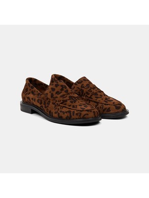 Desa Kadın Leopar Desenli Yuvarlak Burun Süet Deri Loafer