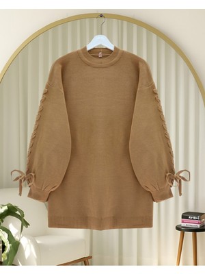 Modamorfo Yuvarlak Yaka Kolu Örgü Detaylı Triko Kazak -Vizon