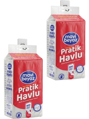 Mavi Beyaz Pratik Havlu 500 Yaprak - Yeni Nesil Çok Amaçlı Kağıt Havlu (Asma Aparatı Hediyeli) - 2 Adet Asılabilir Kağıt Havlu