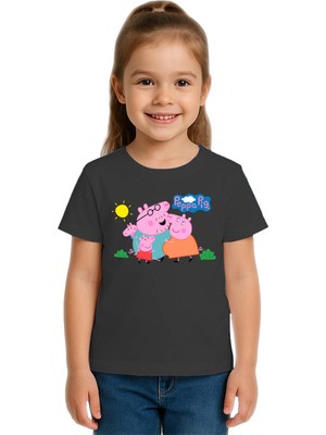 Sedirli Unisex Peppa Pig Baskılı Çocuk Tişört Pamuklu Penye Kumaş