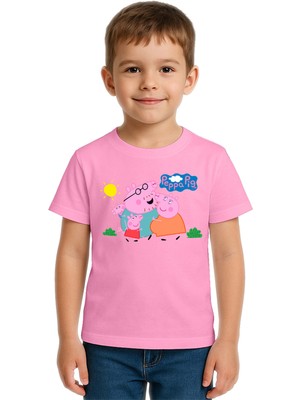 Sedirli Unisex Peppa Pig Baskılı Çocuk Tişört Pamuklu Penye Kumaş