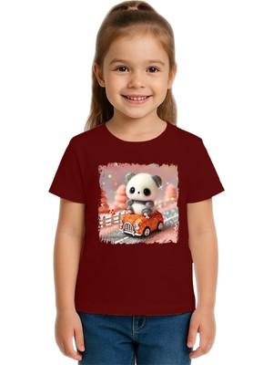 Sedirli Unisex Ayıcık Panda Baskılı Çocuk Tişört Pamuklu Penye Kumaş