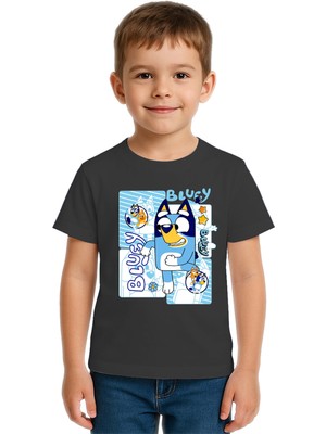 Sedirli Unisex Bluey Baskılı Çocuk Tişört Pamuklu Penye Kumaş