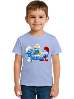 Sedirli Unisex Şirinler Baskılı Çocuk Tişört Pamuklu Penye Kumaş