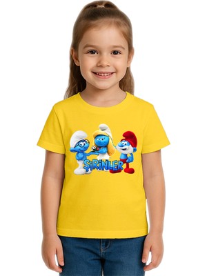 Sedirli Unisex Şirinler Baskılı Çocuk Tişört Pamuklu Penye Kumaş