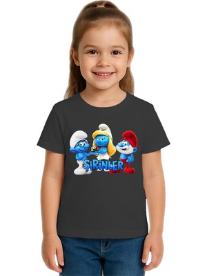 Sedirli Unisex Şirinler Baskılı Çocuk Tişört Pamuklu Penye Kumaş