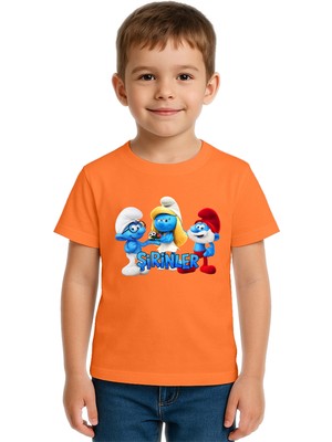 Sedirli Unisex Şirinler Baskılı Çocuk Tişört Pamuklu Penye Kumaş