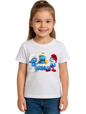 Sedirli Unisex Şirinler Baskılı Çocuk Tişört Pamuklu Penye Kumaş