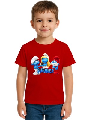 Sedirli Unisex Şirinler Baskılı Çocuk Tişört Pamuklu Penye Kumaş