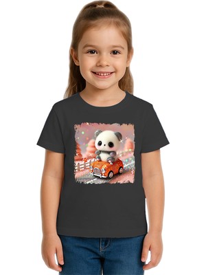 Sedirli Unisex Ayıcık Panda Baskılı Çocuk Tişört Pamuklu Penye Kumaş