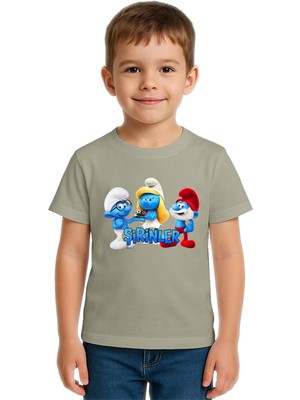 Sedirli Unisex Şirinler Baskılı Çocuk Tişört Pamuklu Penye Kumaş