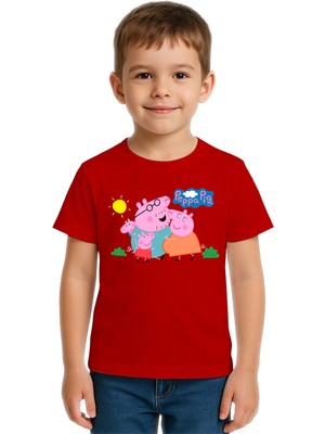Sedirli Unisex Peppa Pig Baskılı Çocuk Tişört Pamuklu Penye Kumaş