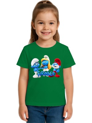 Sedirli Unisex Şirinler Baskılı Çocuk Tişört Pamuklu Penye Kumaş
