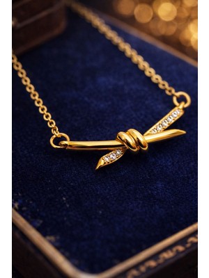 Meneva Aksesuar Zirkon Taş Detaylı Düğüm Tasarım Altın Gold Renk Kadın Çelik Kolye