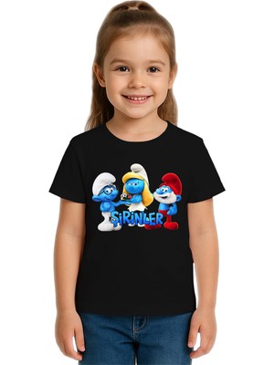 Sedirli Unisex Şirinler Baskılı Çocuk Tişört Pamuklu Penye Kumaş