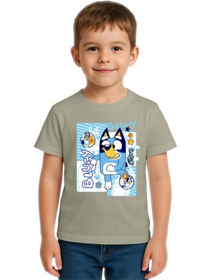 Sedirli Unisex Bluey Baskılı Çocuk Tişört Pamuklu Penye Kumaş