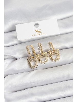 Pirinç Gold Renk Zirkon Taşlı Vintage Model Ysx Trio Küpe Seti - TJ-BKP11560
