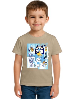 Sedirli Unisex Bluey Baskılı Çocuk Tişört Pamuklu Penye Kumaş