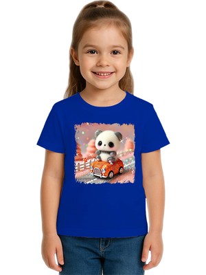 Sedirli Unisex Ayıcık Panda Baskılı Çocuk Tişört Pamuklu Penye Kumaş