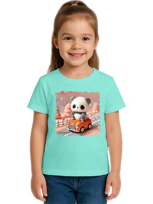 Sedirli Unisex Ayıcık Panda Baskılı Çocuk Tişört Pamuklu Penye Kumaş