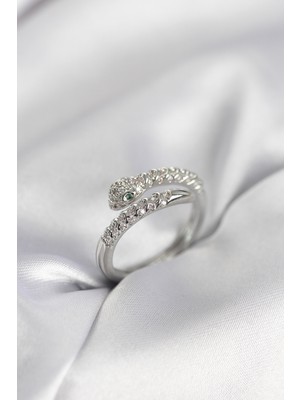 Yılan Model Gümüş Renk Zirkon Taşlı Kadın Yüzük - TJ-BYK3990