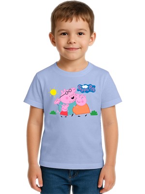 Sedirli Unisex Peppa Pig Baskılı Çocuk Tişört Pamuklu Penye Kumaş