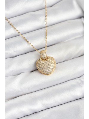 316L Çelik Zincir Gold Renk Zirkon Taşlı Kalpli Kadın Kolye - TJ-BKO10607