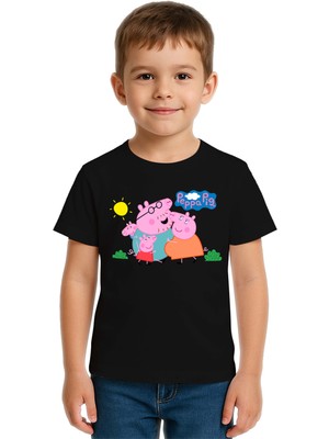 Sedirli Unisex Peppa Pig Baskılı Çocuk Tişört Pamuklu Penye Kumaş