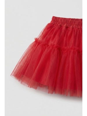 Magu Kız Çocuk Pamuklu Beyaz Kalp Nakışlı Gömlek ve Kırmızı Tül Etek Takım