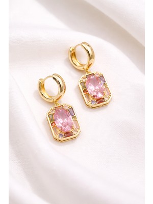 Ares 01 Store ✨ Zirkon Taşlı Pembe Taşlı Altın Renk Küpe Zarif Kadın Küpe ✨