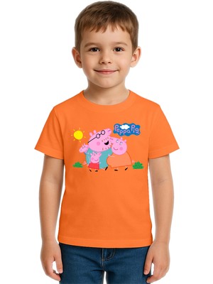 Sedirli Unisex Peppa Pig Baskılı Çocuk Tişört Pamuklu Penye Kumaş
