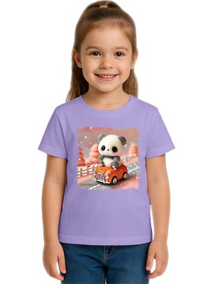 Sedirli Unisex Ayıcık Panda Baskılı Çocuk Tişört Pamuklu Penye Kumaş