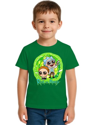 Sedirli Unisex Rick And Morty Baskılı Çocuk Tişört Pamuklu Penye Kumaş