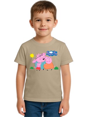 Sedirli Unisex Peppa Pig Baskılı Çocuk Tişört Pamuklu Penye Kumaş