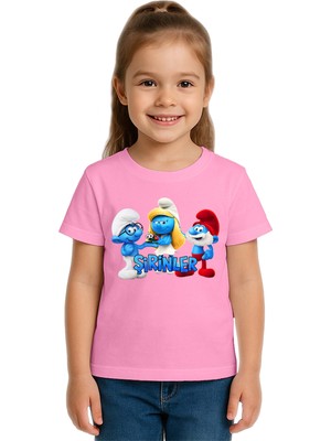 Sedirli Unisex Şirinler Baskılı Çocuk Tişört Pamuklu Penye Kumaş