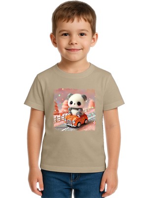 Sedirli Unisex Ayıcık Panda Baskılı Çocuk Tişört Pamuklu Penye Kumaş