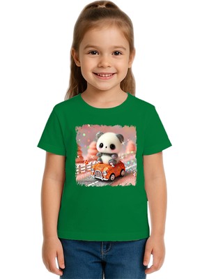 Sedirli Unisex Ayıcık Panda Baskılı Çocuk Tişört Pamuklu Penye Kumaş