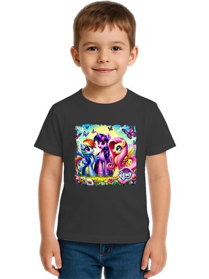 Sedirli Unisex My Little Pony Baskılı Çocuk Tişört Pamuklu Penye Kumaş