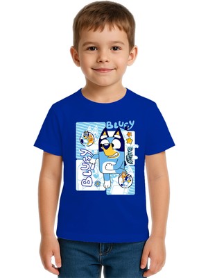 Sedirli Unisex Bluey Baskılı Çocuk Tişört Pamuklu Penye Kumaş