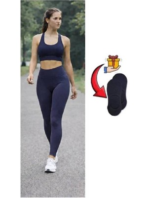 Velora Shopping Şardonlu Yüksek Bel Toparlayıcı Günlük Spor Tayt Dalgıç Kumaş Iç Göstermez Babet Çorap Hediyeli