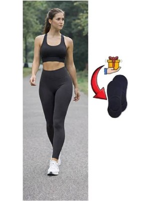 Velora Shopping Şardonlu Yüksek Bel Toparlayıcı Günlük Spor Tayt Dalgıç Kumaş Iç Göstermez Babet Çorap Hediyeli