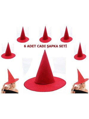 Kırmızı Renk Keçe Cadı Şapkası Yetişkin Çocuk Uyumlu 6 Adet