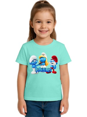 Sedirli Unisex Şirinler Baskılı Çocuk Tişört Pamuklu Penye Kumaş