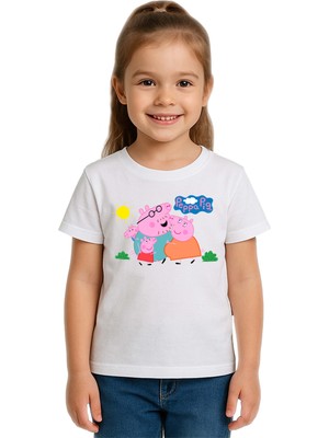 Sedirli Unisex Peppa Pig Baskılı Çocuk Tişört Pamuklu Penye Kumaş