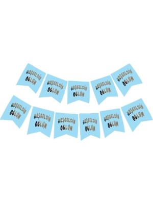 MiraLive Hoşgeldin Oğlum Yazılı Mavi Üzeri Gümüş Yeni Doğan Bebek Doğum Süsü Afiş Bayrak Flama 2.2 Metre