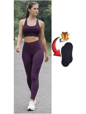 Velora Shopping Şardonlu Yüksek Bel Toparlayıcı Günlük Spor Tayt Dalgıç Kumaş Iç Göstermez Babet Çorap Hediyeli